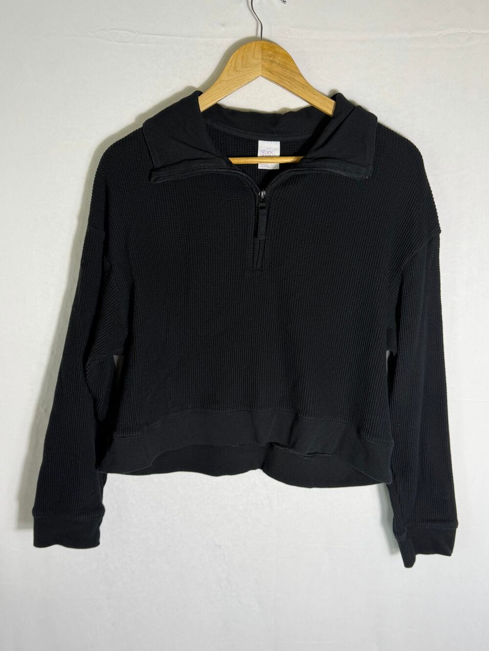 Black Waffle Knit Half Zip Pullover Cropped Sweatshirt Funnel Neck Size L